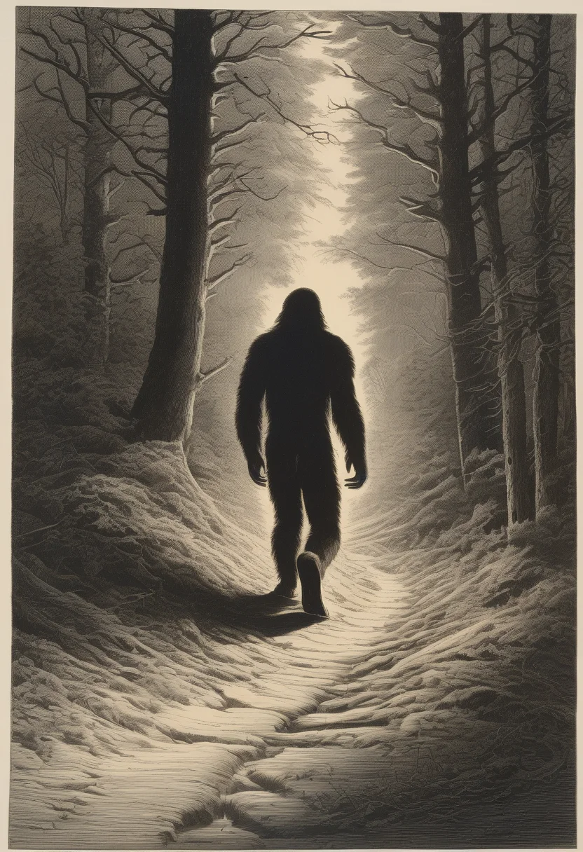 An engraving of a tall, shaggy figure walking away down a worn forest path between old trees.